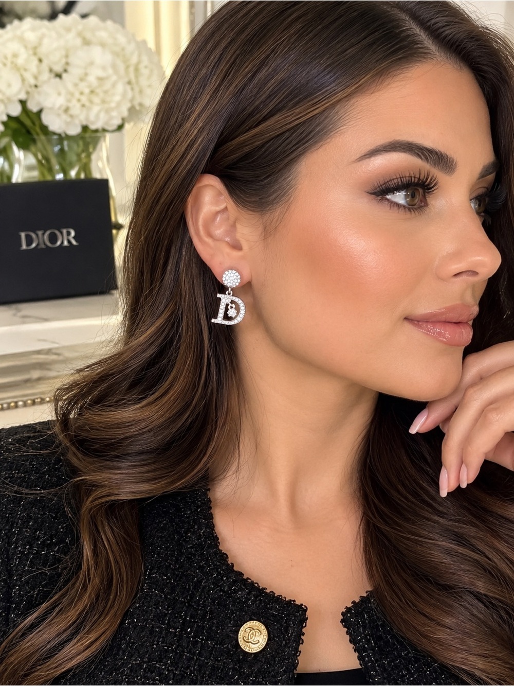 Dior Silver Crystal 'D' Drop Earrings 💫